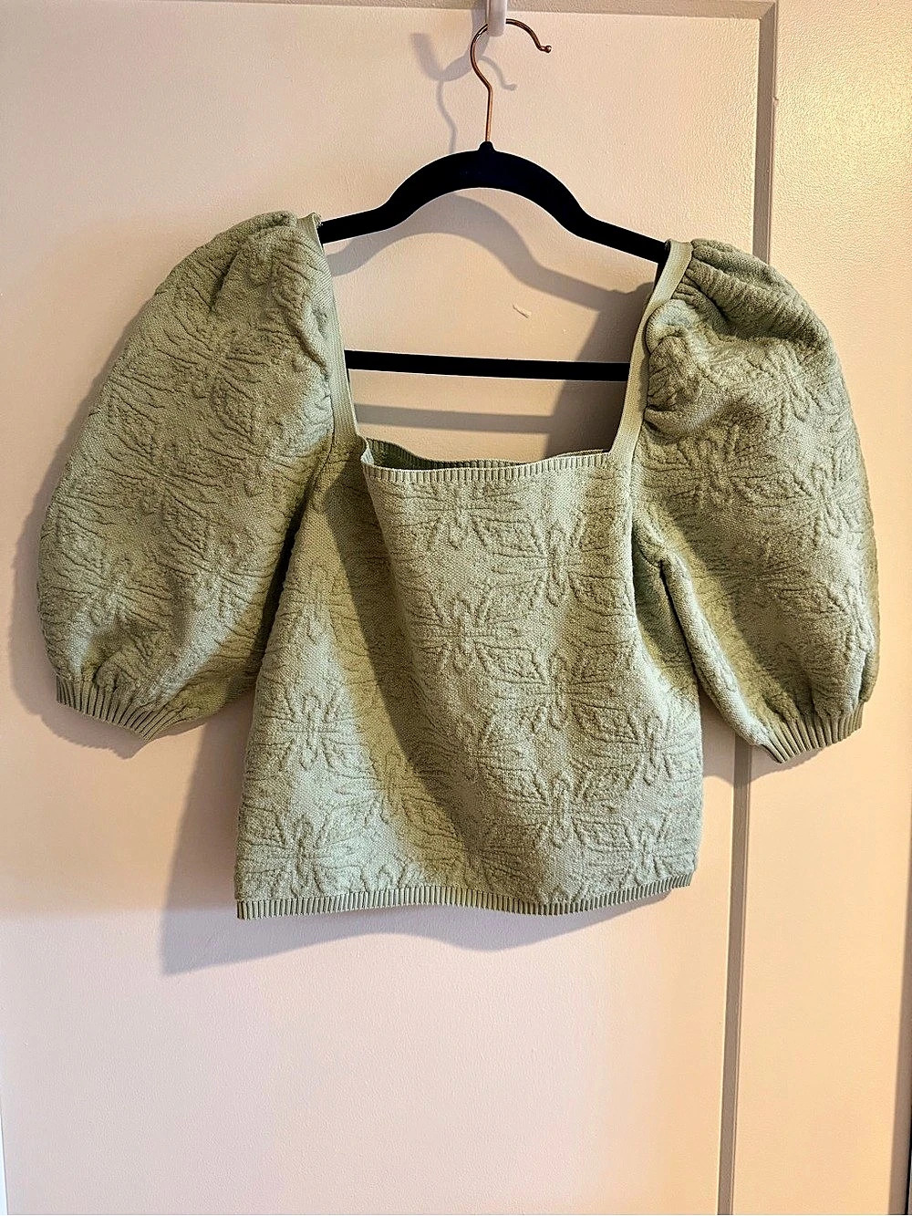 Zara Light Green Jacquard Knit Short Puff Sleeve Square Neck Crop Top Puff